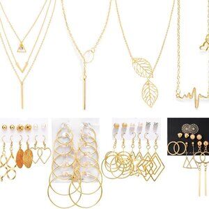 Jewelry Set Alloy 52 Pcs Earrings Necklaces Women Layered Dangle Hoop Stud